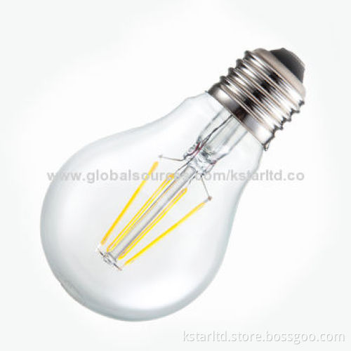 LED filament bulb, A60, 4W, glass cover, 220-240 or 110-130V AC, CE- and RoHS-, TUV-approved